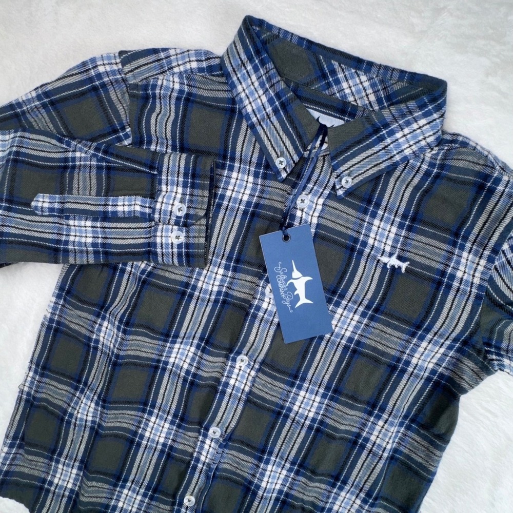 Saltwater Boys Company Flannel Shirt Boys 10/12 Green Blue Plaid Long Sleeve